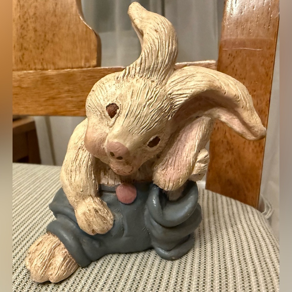Hand-Painted wooden Bunny Figurine Cream & Blue - Home Accent 1987 Marked